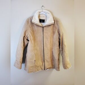 London Fog Genuine Leather Cream Colored Coat Size Large with Faux Fur Lining